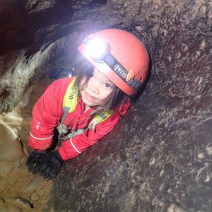 Sarah (age 5) in The Drainpipe, Goatchurch Cavern